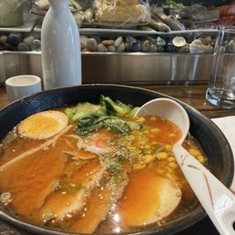 Spicy Miso Ramen with bok choy and corn added Spicy Miso Ramen with bok choy and corn added