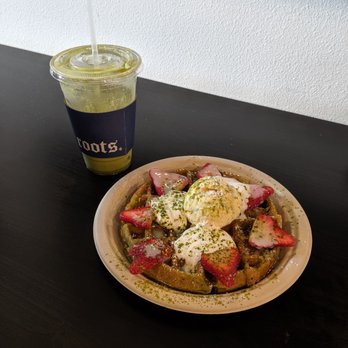 Roots Cafe - Iced matcha latte and matcha waffle with strawberries and vanilla ice cream on top - Cafes Near Me - Cerritos, California