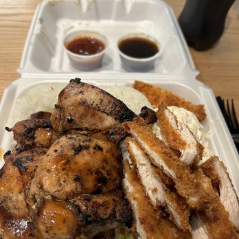 Mo' Bettahs Hawaiian Style Food - "Regular" plate with teriyaki and katsu chicken...This plate is huge! Easily enough for two people. - Hawaiian Near Me - Mansfield, Texas