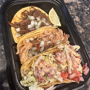 Electric Pickle - Mahi Mahi, carnitas and barbacoa tacos. Delicious!! - New American Near Me - Tempe, Arizona