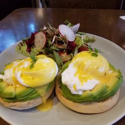 Excellent vegetarian Eggs Benedict. Perfectly cooked and fresh avocado and salad. Excellent vegetarian Eggs Benedict. Perfectly cooked and fresh avocado and salad.