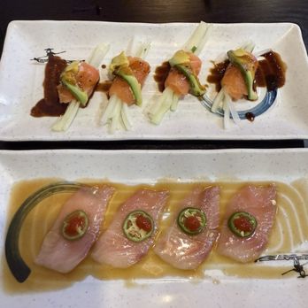 Yummy Sushi - TOP: salmon yuzu BOTTOM: yellowtail jalapeño - Japanese Near Me - Charlotte, North Carolina Yummy Sushi - TOP: salmon yuzu BOTTOM: yellowtail jalapeño - Japanese Near Me - Charlotte, North Carolina