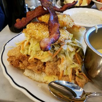 Jacob's Pickles - Southern BLT: buttermilk fried chicken smothered in pickled slaw, topped with fried green tomatoes, and bacon on biscuits. My FAVE thing! - Comfort Food Near Me - New York, New York
