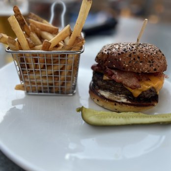 Yard House - bbq bacon cheddar burger: applewood smoked bacon, cheddar, bbq sauce, garlic aioli with house fries = $19.49 - Bars Near Me - Long Beach, California Yard House - bbq bacon cheddar burger: applewood smoked bacon, cheddar, bbq sauce, garlic aioli with house fries = $19.49 - Bars Near Me - Long Beach, California