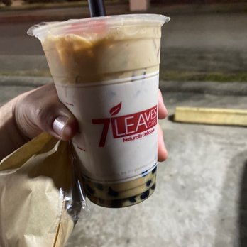 7 Leaves Cafe - Oolong Milk Tea with honey boba and Green Tea Macarons - Coffee & Tea Near Me - Houston, Texas