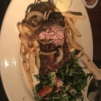Upstream Brewing - Entree Grilled New York Strip Steak with arugula salad and French fries soooooo goood highly recommend - Bars Near Me - Omaha, Nebraska Upstream Brewing - Entree Grilled New York Strip Steak with arugula salad and French fries soooooo goood highly recommend - Bars Near Me - Omaha, Nebraska