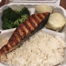 Salmon, rice, potato and broccoli