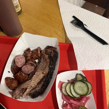 LJ's BBQ - Half pound of brisket and 1/4 pound of regular sausage - Barbeque Near Me - Brenham, Texas