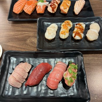 Waka Sakura - Salmon, tuna, and scallop party samplers - Conveyor Belt Sushi Near Me - Irvine, California