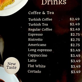 The Baklava - Drink menu as of May 2023. - Desserts Near Me - Mission Viejo, California
