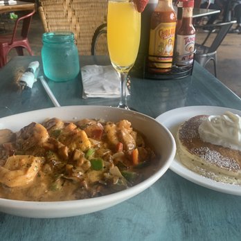 The Pan - Shrimp and grits, Mimosa and Lemon Dream pancake. - Breakfast & Brunch Near Me - Lomita, California