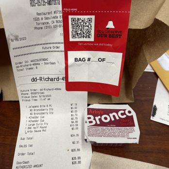 Arby's - My receipt and Bronco sauce - Fast Food Near Me - Torrance, California