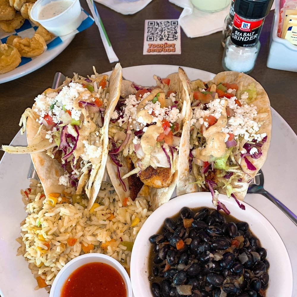 Tookie's Seafood - Shrimp and fish tacos with southern rice and black beans - Seafood Near Me - Seabrook, Texas Tookie's Seafood - Shrimp and fish tacos with southern rice and black beans - Seafood Near Me - Seabrook, Texas