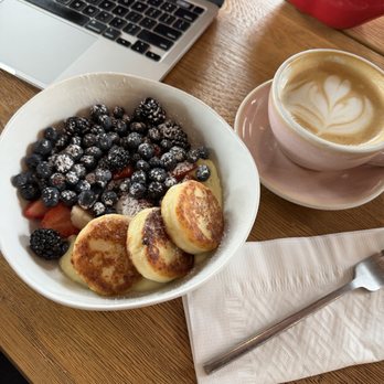 Lele Cake - Syrniki w/vanilla custard and berries & a vanilla latte - Coffee & Tea Near Me - Los Gatos, California Lele Cake - Syrniki w/vanilla custard and berries & a vanilla latte - Coffee & Tea Near Me - Los Gatos, California