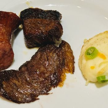 Brasão Brazilian Steakhouse - Spicy Picanha, Sausage, Fraldinha and a bit of mashed potatoes - Steakhouses Near Me - Plano, Texas