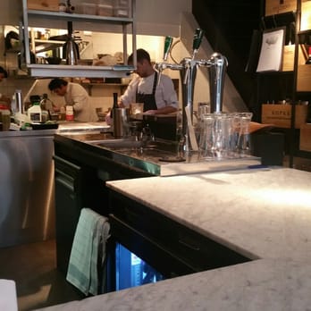 Restaurant GUTS - Bar seats and kitchen view - Modern European Near Me - Amsterdam, New Hampshire