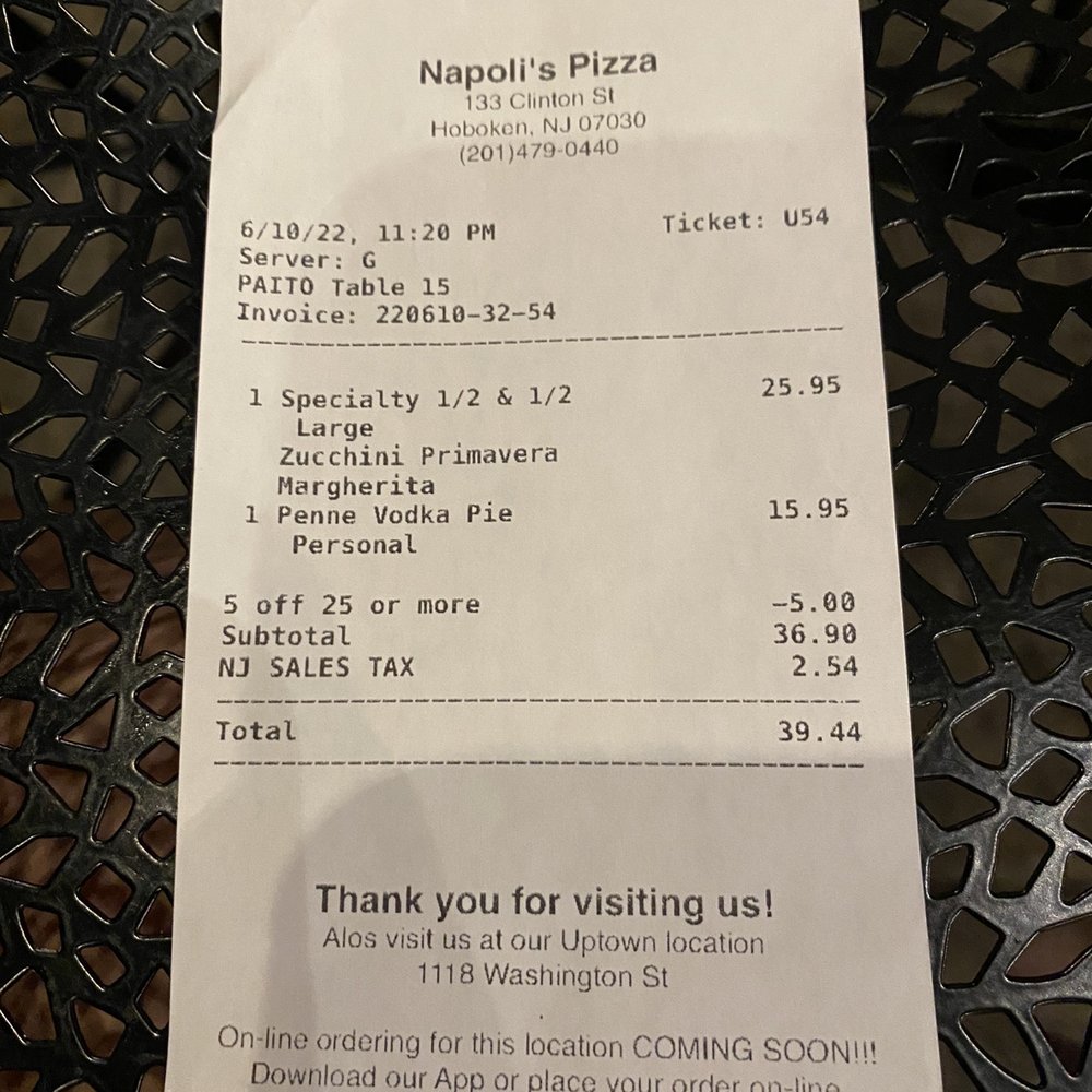 Napoli's Pizza - Receipt without them removing the mistake. Just gave a discount - Pizza Near Me - Hoboken, New Jersey Napoli's Pizza - Receipt without them removing the mistake. Just gave a discount - Pizza Near Me - Hoboken, New Jersey