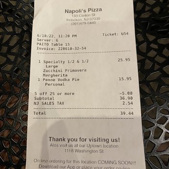 Napoli's Pizza - Receipt without them removing the mistake. Just gave a discount - Pizza Near Me - Hoboken, New Jersey Napoli's Pizza - Receipt without them removing the mistake. Just gave a discount - Pizza Near Me - Hoboken, New Jersey