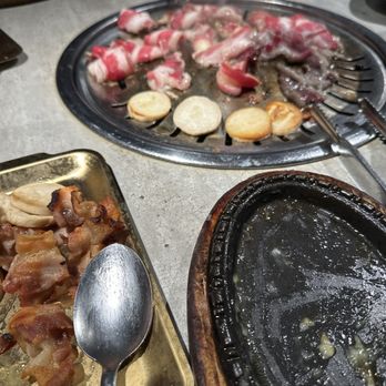 Brave Korean Barbecue - Beef Brisket and mushroom on the grill Pork belly on my plate - Korean Near Me - Tempe, Arizona Brave Korean Barbecue - Beef Brisket and mushroom on the grill Pork belly on my plate - Korean Near Me - Tempe, Arizona