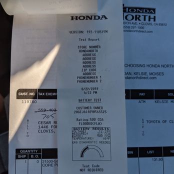 Honda North - Check dates stamp on the battery print outs from when I first dropped it off vs when I picked it up and took it too Toyota. - Auto Repair Near Me - Clovis, California