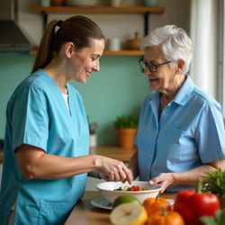 Friendly Home Care - Caregiver is helping elderly person to get tasty and healthy meals