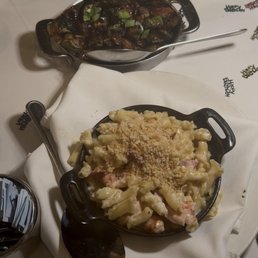 Soy Glazed Brussels Sprouts with Bacon, Lobster Mac 'N' Cheese Soy Glazed Brussels Sprouts with Bacon, Lobster Mac 'N' Cheese