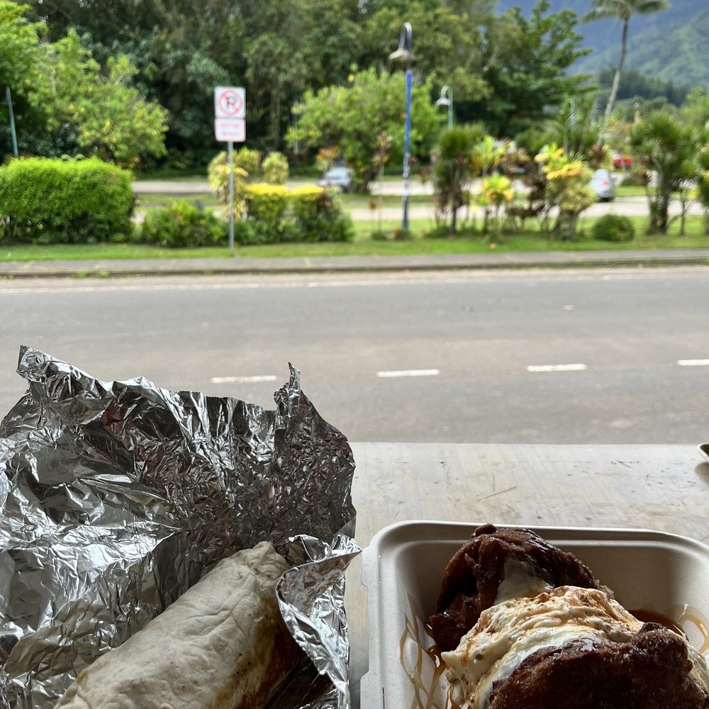 Wake Up Coffee Bar - Kalua buritto and half order of churro French toast - Coffee & Tea Near Me - Hanalei, Hawaii Wake Up Coffee Bar - Kalua buritto and half order of churro French toast - Coffee & Tea Near Me - Hanalei, Hawaii