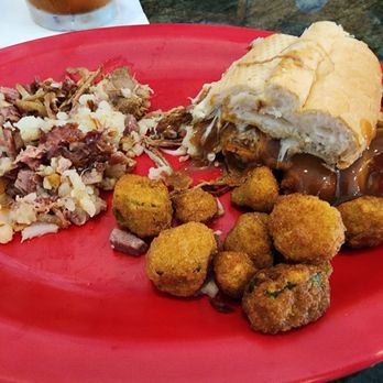 Kitty's Kafe - Debris Po Boy with brown gravy, fried okra, corned beef hash - Breakfast & Brunch Near Me - Gulf Shores, Alabama Kitty's Kafe - Debris Po Boy with brown gravy, fried okra, corned beef hash - Breakfast & Brunch Near Me - Gulf Shores, Alabama