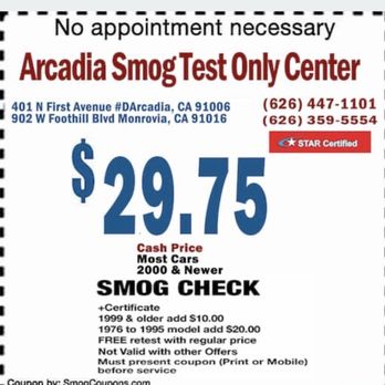 Arcadia Smog Test Only Center - Coupon with no expiration date. - Smog Check Stations Near Me - Arcadia, California