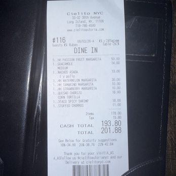 Cielito - Our receipt - Cocktail Bars Near Me - Astoria, New York