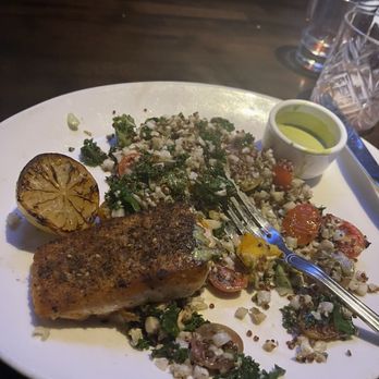 Whiskey Cake - Salmon with kale, quinoa, tomatoes... so good - New American Near Me - Irving, Texas Whiskey Cake - Salmon with kale, quinoa, tomatoes... so good - New American Near Me - Irving, Texas