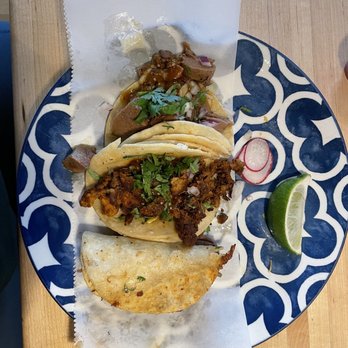 EL Pastor - 3 Street Tacos: lingua, Al pastor & carne asada ( the one flipped over) I was in a hungry hurry!  oops - Breakfast & Brunch Near Me - Eagle River, Alaska