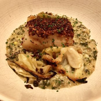 Upland - Flaxseed Crusted Cod- Cracked wheat risotto, mushroom conserva + smoked cabbage - New American Near Me - New York, New York Upland - Flaxseed Crusted Cod- Cracked wheat risotto, mushroom conserva + smoked cabbage - New American Near Me - New York, New York