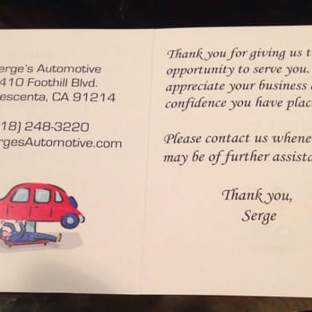 Serge's Automotive - Thank you card I received from Serge! - Auto Repair Near Me - La Crescenta, California Serge's Automotive - Thank you card I received from Serge! - Auto Repair Near Me - La Crescenta, California