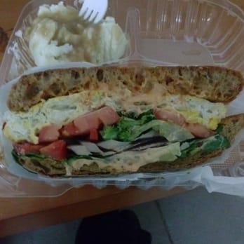 QQ Cafe - Egg, veggie and chipotle sandwich on a wheat cibata with mashed potatoes and gravy. Super fresh veggies and large portions. - Salad Near Me - Los Angeles, California QQ Cafe - Egg, veggie and chipotle sandwich on a wheat cibata with mashed potatoes and gravy. Super fresh veggies and large portions. - Salad Near Me - Los Angeles, California