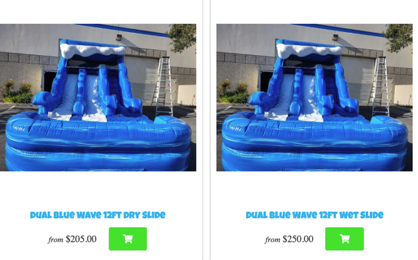 Bounce Houses - Water Slides & Dry Slides - Water and dry slides offer adrenaline-pumping thrills for all ages, transforming any event into an exhilarating playground. Whether you're splashing down a water slide or racing for the finish on a dry slide, they guarantee endless fun and excitement for partygoers and event attendees alike.

DRY SLIDES - Imagine a towering, down Dry slides that are 12-19 foot tall inflatable slides, a centerpiece of excitement and adventure designed for any event or occasion. These dry slides combines thrilling heights with the safety and softness of inflatable structures, ensuring a heart-pumping, laughter-filled descent every time. Perfect for birthday parties, family gatherings, or any outdoor celebration, it offers endless fun for kids and teens alike. Without the need for water, it's an all-season attraction, easy to set up in backyards, parks, or any spacious outdoor area. Climb up and slide down into a world of joy with our 12-19 ft Dry Slide, a simple way to make any gathering a memorable blast.

WET SLIDES - Get ready for double the fun and excitement with the 12-17 FT Water Blast down a single or Dual Lane  Slide! These towering slides features two parallel lanes, perfect for racing your friends to the bottom. It's all about fast-paced thrills and non-stop laughter as you zoom down from a 12-19 foot height water slide.. Ideal for parties, events, or any day you want to amp up the energy, these rental slides guarantees a water blast of a good time for all ages.