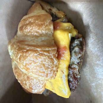 Franklin’s - Breakfast Croissant Sausage Bagel with cheese and tomato!!!! Awesome!!!! - Cafes Near Me - Savannah, Georgia