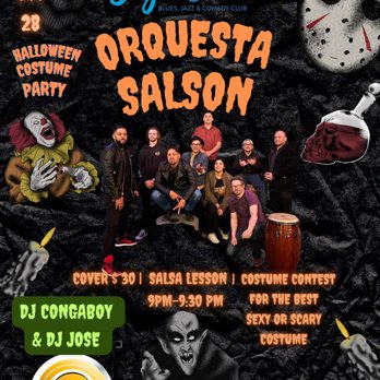 Deja Blue - Halloween
COSTUME
PARTY! Sat-Oct-2023 Orquesta Salson, Dj congaBoy & Dj Jose 9pm to 1:30 am - Club Crawl Near Me - Seaside, California Deja Blue - Halloween
COSTUME
PARTY! Sat-Oct-2023 Orquesta Salson, Dj congaBoy & Dj Jose 9pm to 1:30 am - Club Crawl Near Me - Seaside, California