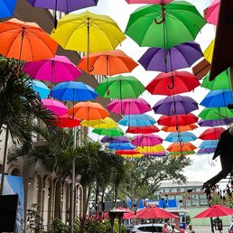 Hanging Umbrellas, resembles Old San Juan.