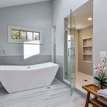 FBC Remodel - Modern bathroom remodel, which features a bathtub and walk-in shower. - General Contractors Near Me - Naperville, Illinois