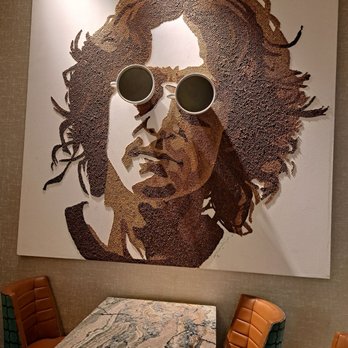 Constant Grind Bistro - John Lennon artwork made of coffee beans and coffee mugs as eyeglasses - American Near Me - Wheatland, California