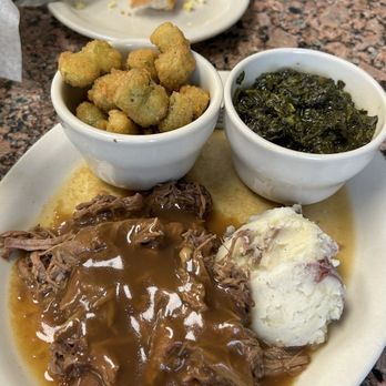Blue Bonnet Cafe - My friend had the pot roast with fried okra, spinach, and mashed potatoes. - Desserts Near Me - Marble Falls, Texas Blue Bonnet Cafe - My friend had the pot roast with fried okra, spinach, and mashed potatoes. - Desserts Near Me - Marble Falls, Texas