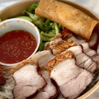 Saiga Vietnamese Eatery - Crispy pork belly with Pork Belly Vermicelli with Egg Roll - Vietnamese Near Me - Irvine, California Saiga Vietnamese Eatery - Crispy pork belly with Pork Belly Vermicelli with Egg Roll - Vietnamese Near Me - Irvine, California