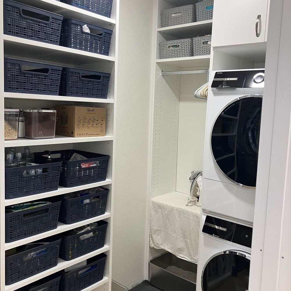 Closet Factory - Laundry room "tower", cabinet above washer dryer and space for litter box and hanging clothes to dry. Tiny space now so much more useful! - Home Organization Near Me - Bothell, Washington