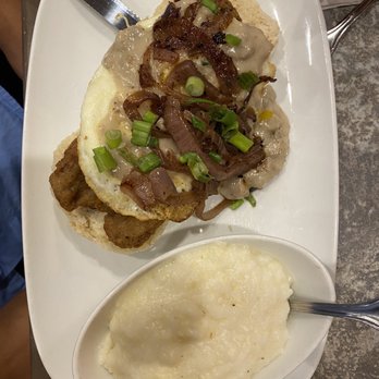 Another Broken Egg Cafe - Country fried steak Benedict with grits - Breakfast & Brunch Near Me - Pooler, Georgia Another Broken Egg Cafe - Country fried steak Benedict with grits - Breakfast & Brunch Near Me - Pooler, Georgia