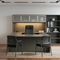 Gray Executive Desk with Bookcase and Lateral File Storage Credenza by Heartland Office Source