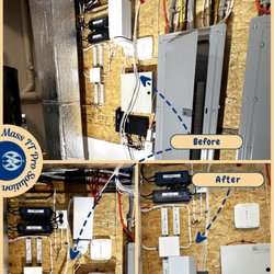Mass IT Pro Solution - Before and after view of the Verizon Fios gateway, TP-Link switch, Deco equipment, and CAT6 connections.