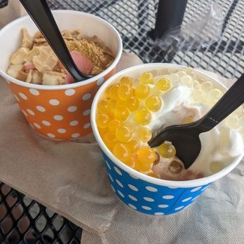 Tops Yogurt - Hazelnut & banana, Dairy Free watermelon & pineapple with Lychee & Mango boba - Ice Cream & Frozen Yogurt Near Me - Elk Grove, California Tops Yogurt - Hazelnut & banana, Dairy Free watermelon & pineapple with Lychee & Mango boba - Ice Cream & Frozen Yogurt Near Me - Elk Grove, California