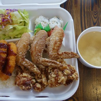 Tenkatori - Box Combo #18 - 3 Wings, 3 Thigh Karaage, 2 Croquettes, 4 California Roll, Soup, Salad - Gluten-Free Near Me - Costa Mesa, California Tenkatori - Box Combo #18 - 3 Wings, 3 Thigh Karaage, 2 Croquettes, 4 California Roll, Soup, Salad - Gluten-Free Near Me - Costa Mesa, California