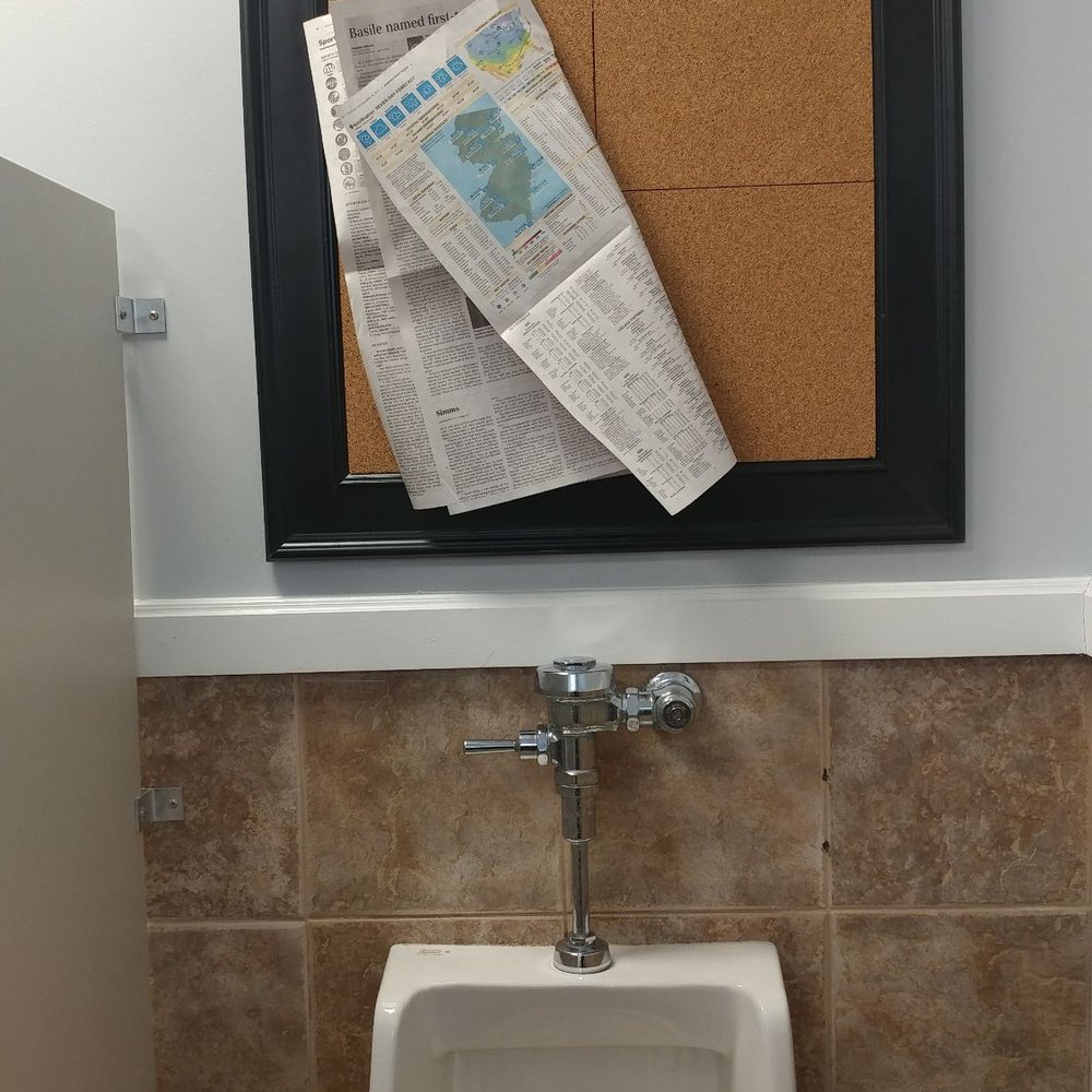 Turning Point - Interesting set up in the men's bathroom. Who would just stand there reading the paper or even touch it. - Breakfast & Brunch Near Me - Manalapan, New Jersey